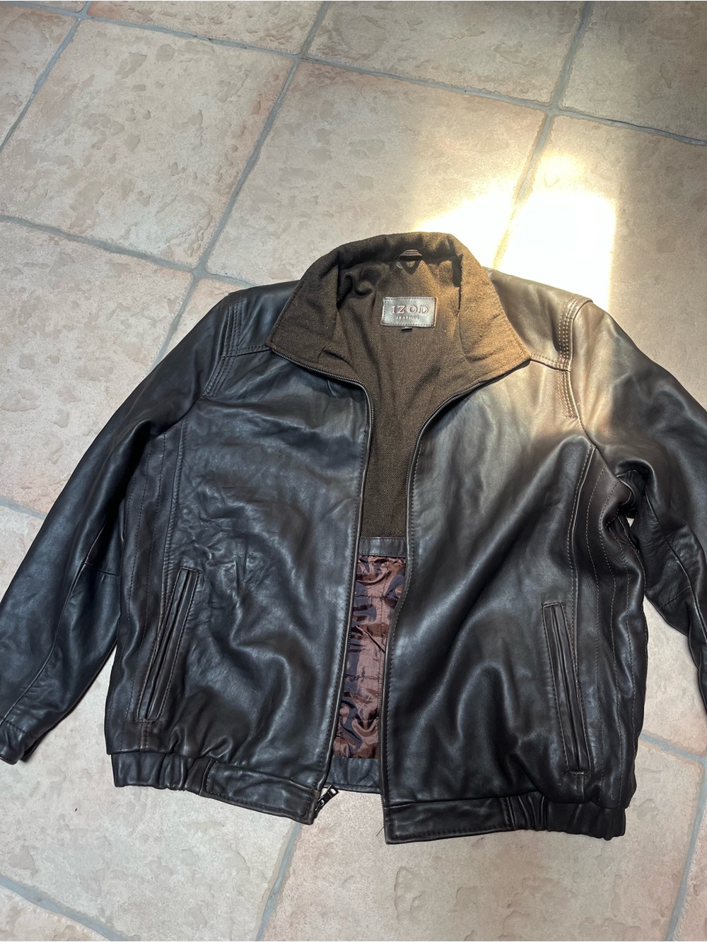 Izod Black Leather Bomber Jacket with Brown Inner Collar